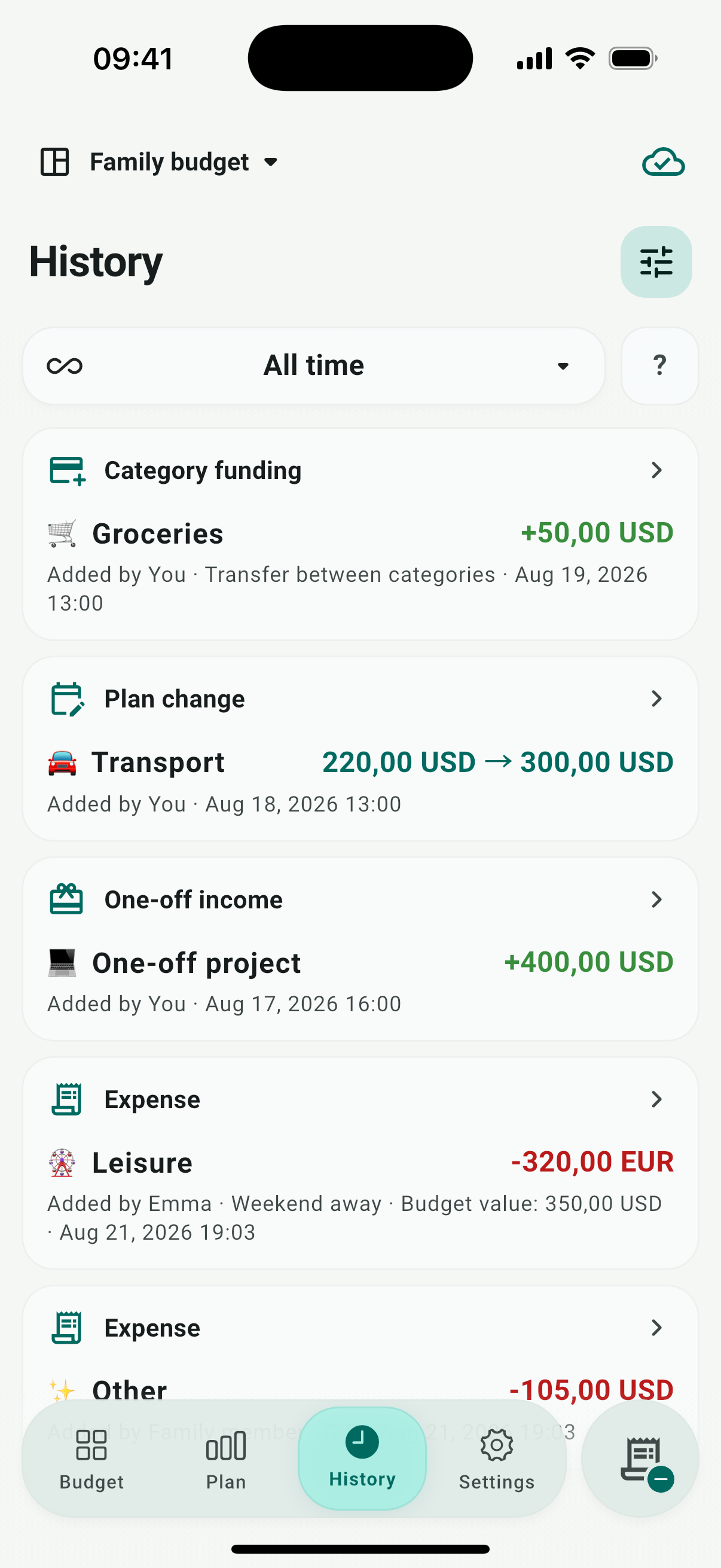 Carry budget screen with planned, spent and remaining category amounts