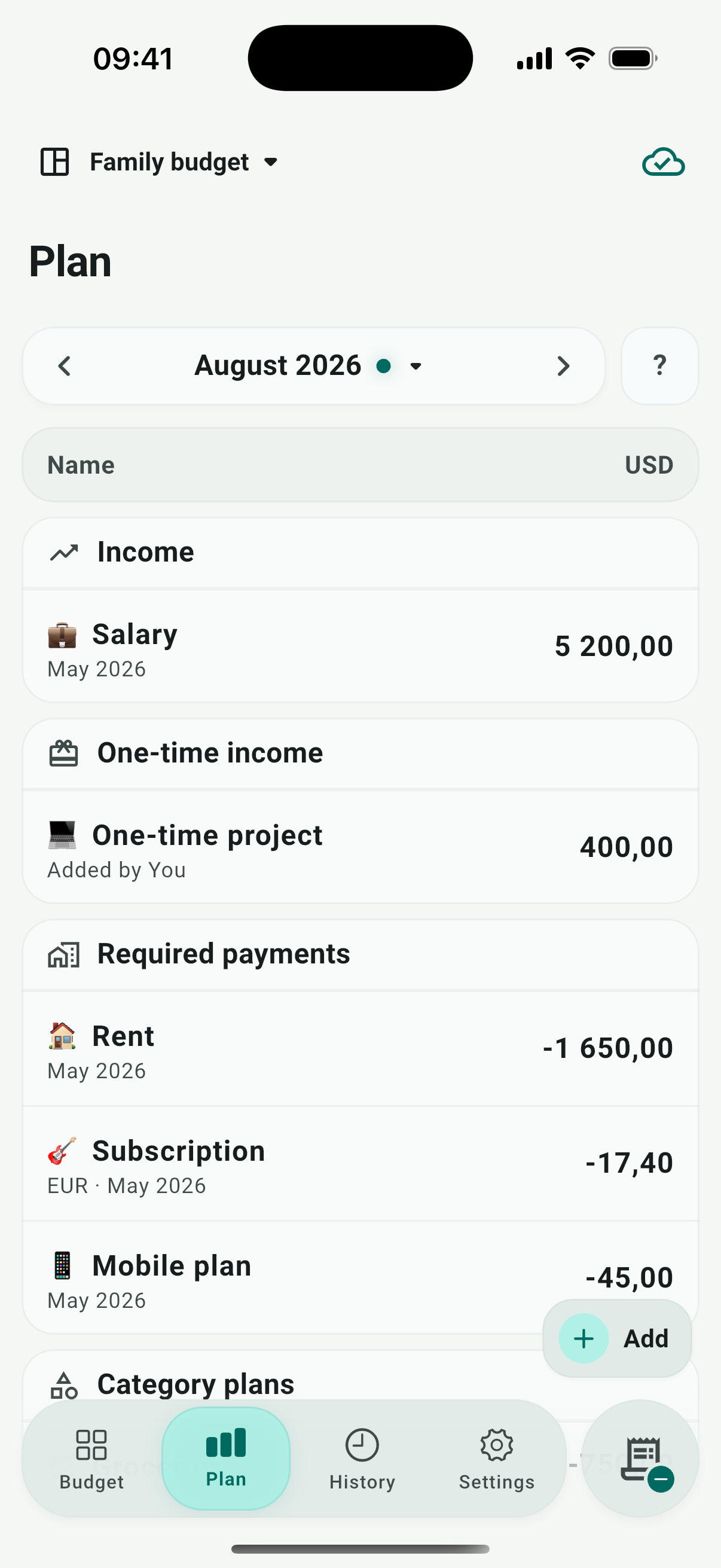 Carry Plan screen with income and required payments