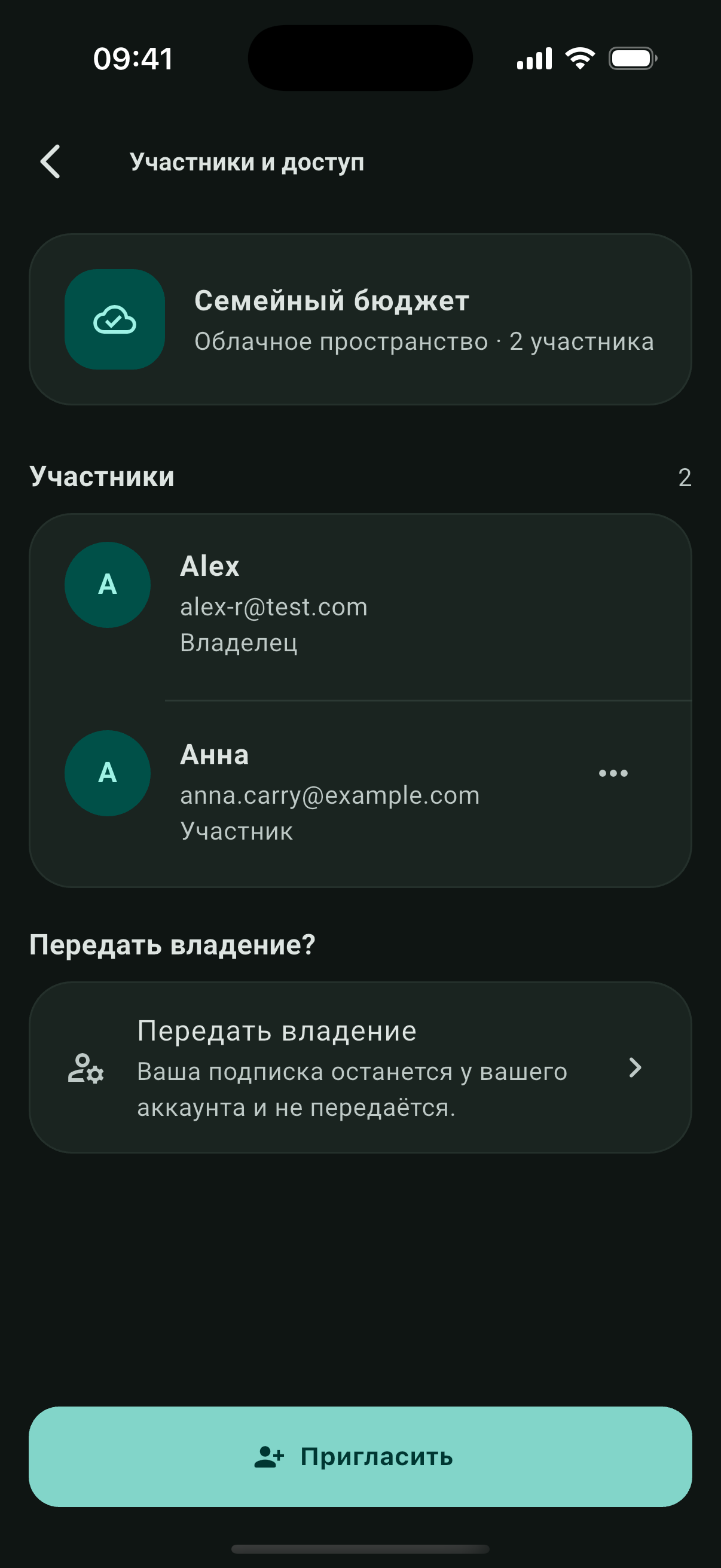 Экран участников и доступа Carry Cloud для общего пространства